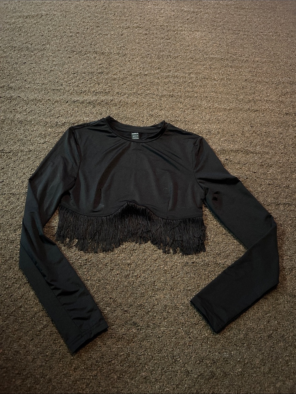 SHEIN Black Long-Sleeve Cropped Fringe Top